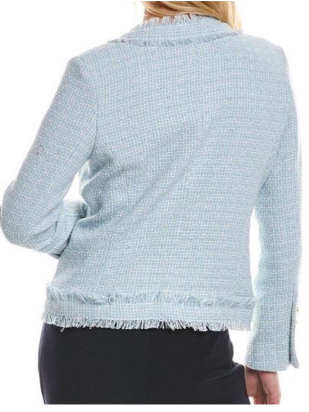 NWT Nanette Lepore Light Blue Tweed
Fringe Jacket Pearl Buttons. - Picture 8 of 10